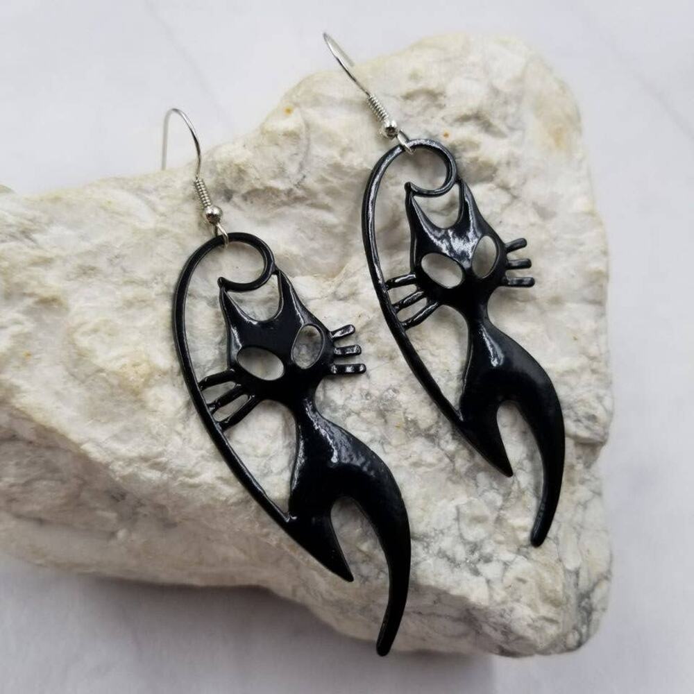 Halloween Goth Black Cat Dangle Earrings - Picture 1 of 2